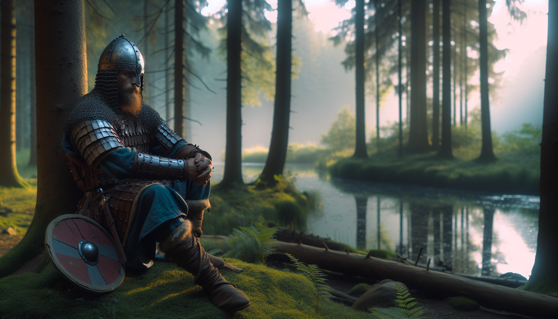 Guerrier viking en armure assis en forêt avec son équipement de combat